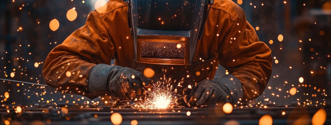 Schweißer bei der Arbeit in einer Fabrik mit Funkenflug und schweren Maschinen in heißer Umgebung